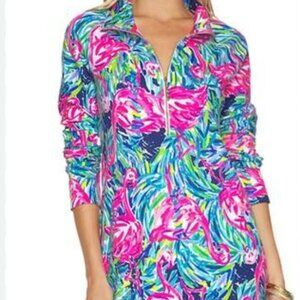 Lilly Pulitzer 1/4 Zip Dress Pool Flamingo Swimsuit Tunic Coverup Long Sleeve